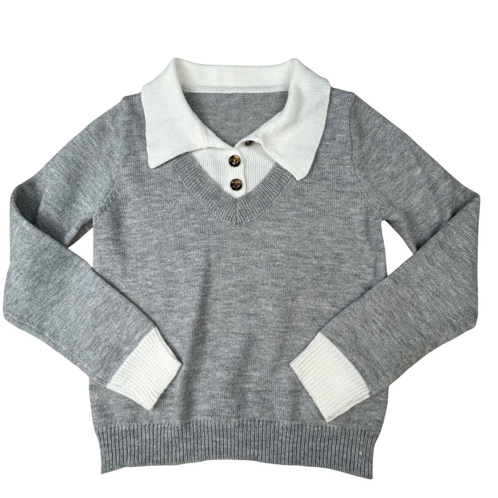 Schoolgirl womens V-Neck Layered Look Knit Sweater White Collar Cuffs Sz4